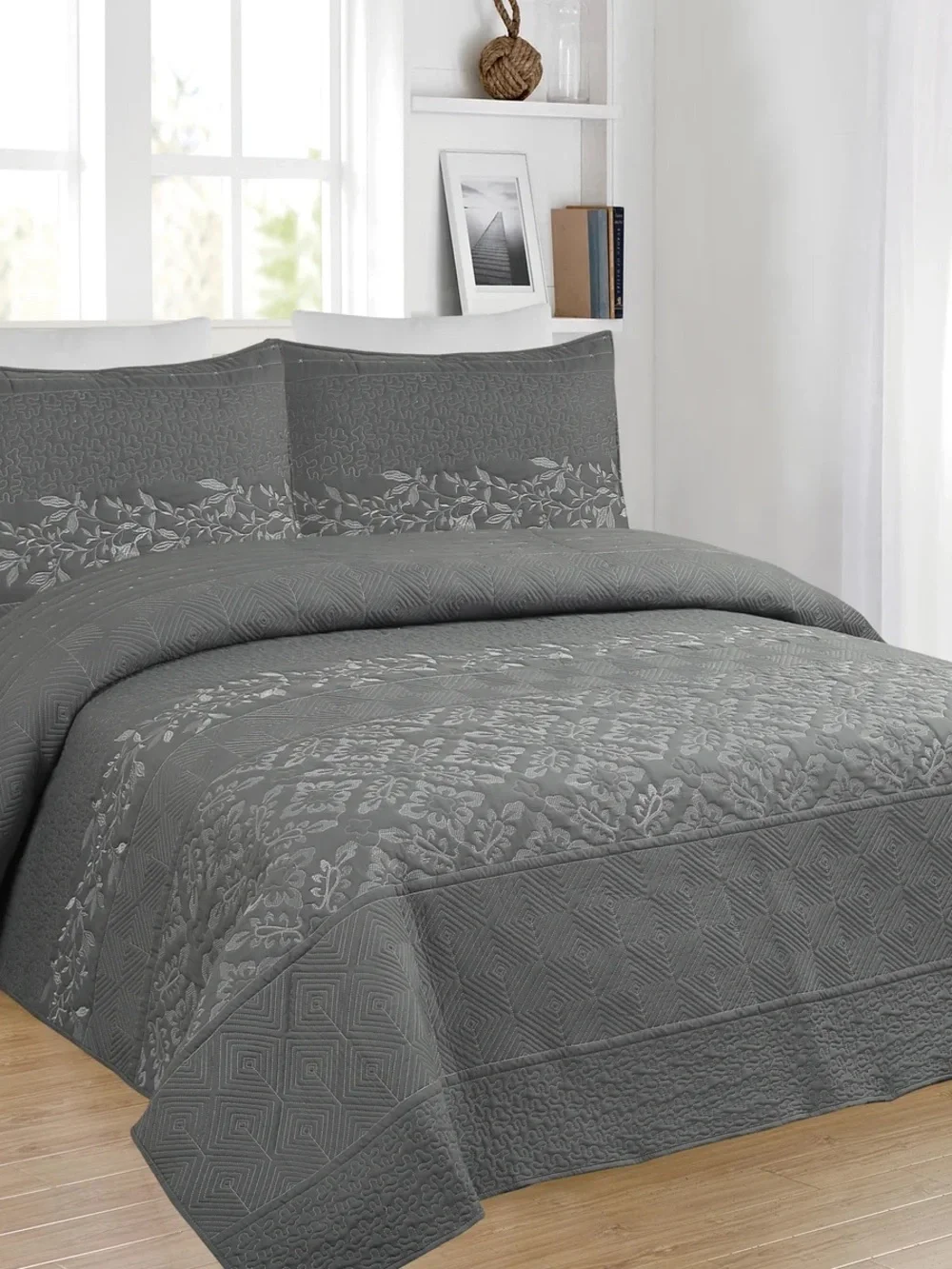Gray Quilted Floral 3 piece Bedspread Set -
